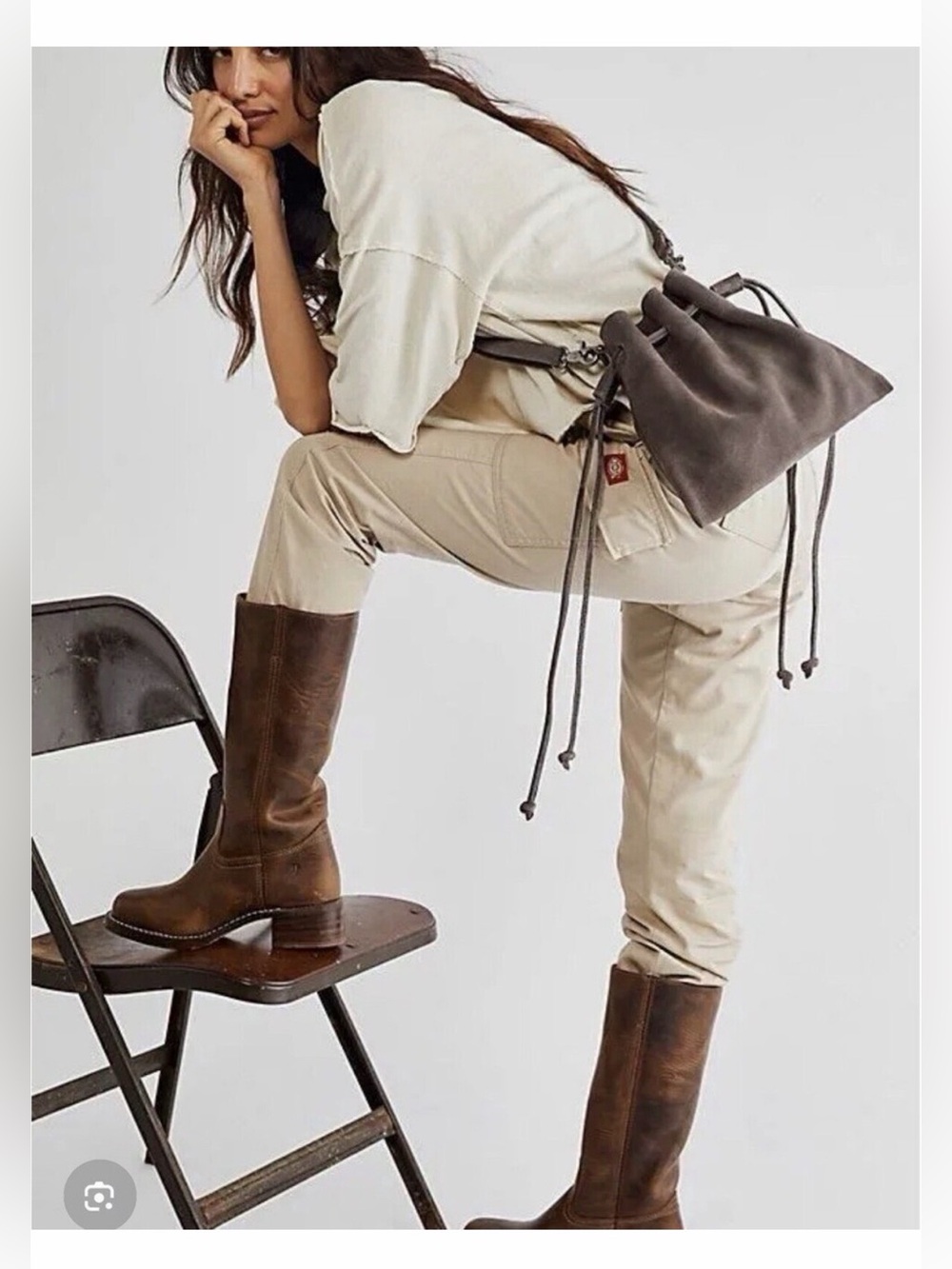 Free People Suede Billie Drawstring Bucket Bag Purse in Charcoal Gray